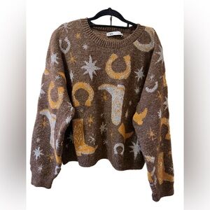 ZARA Brown Western Knit Sweater – Boots & Horseshoes / Metallic Accents - Large